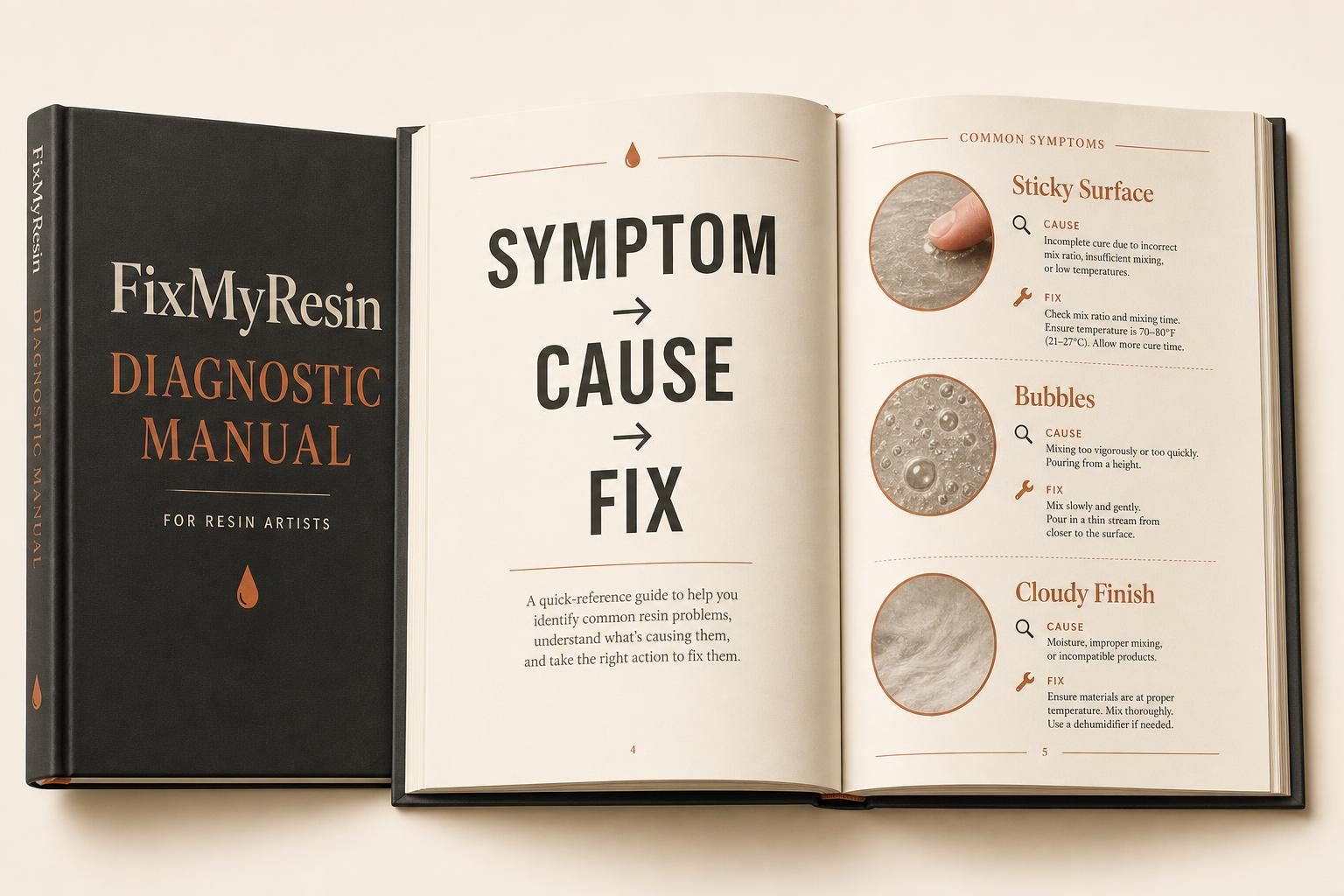 The FixMyResin diagnostic guide open on a page showing Symptom, Cause and Fix